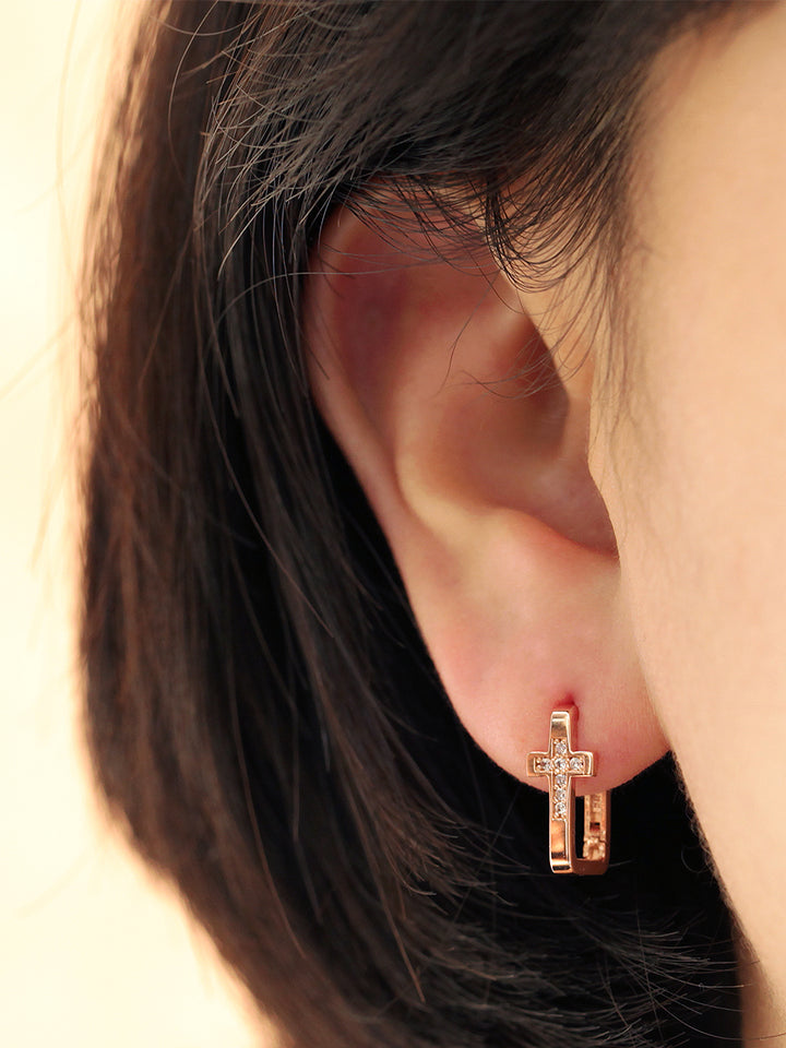 14K Gold Cross Cubic Hoop Earring