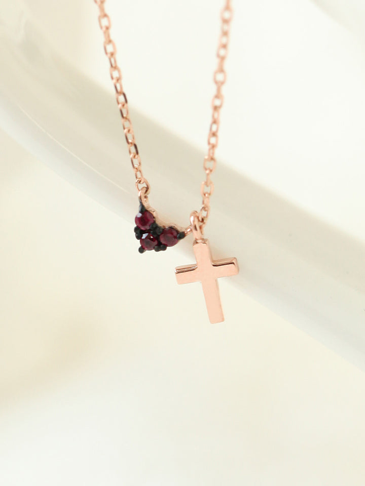 14K Gold Ruby Heart Cross Necklace