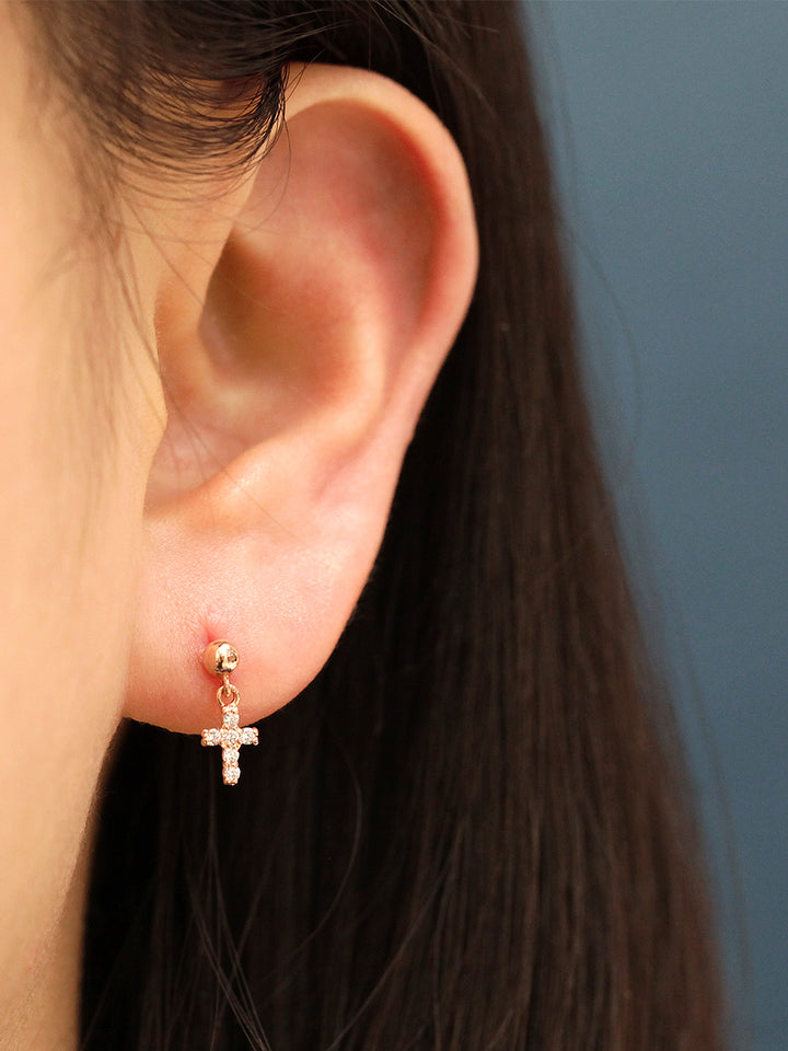 14K Gold Mini Cubic Drop Cross Cartilage Earring 20G18G