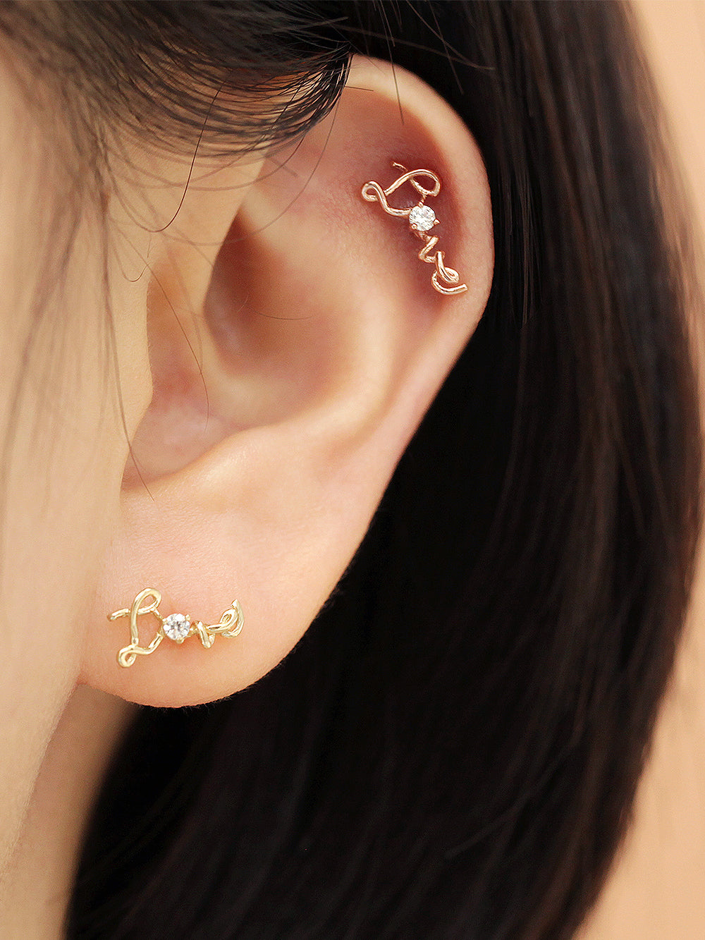 14K gold Cubic Love cartilage earring 20g