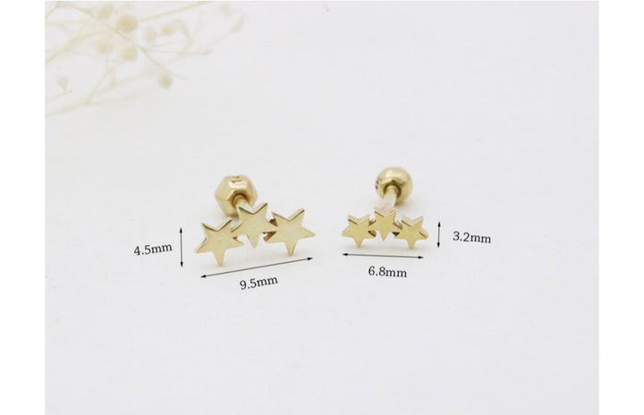 14K Gold Triple Star Cartilage Earring 18G16G