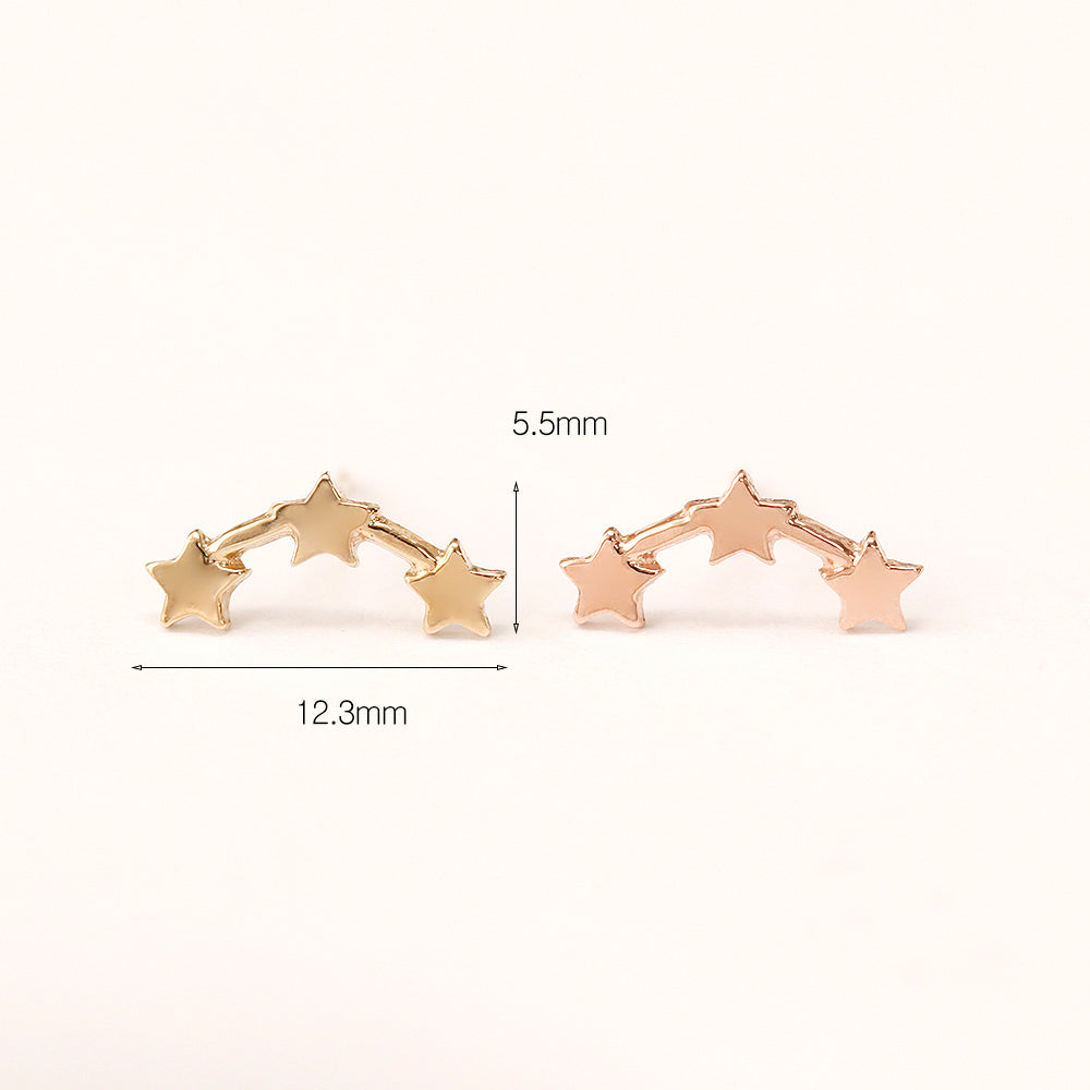 14K Gold Triple Curved Stars Stud Earring