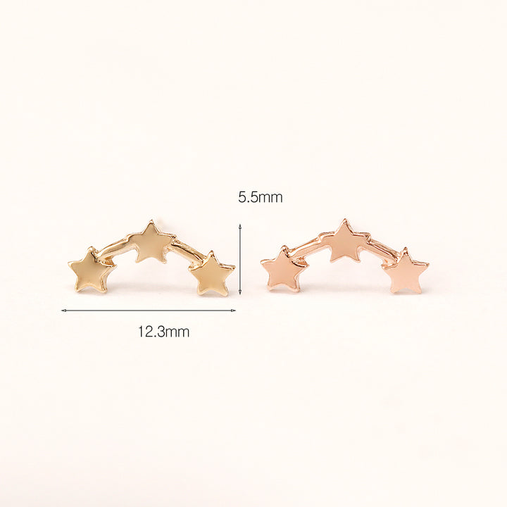 14K Gold Triple Curved Stars Stud Earring