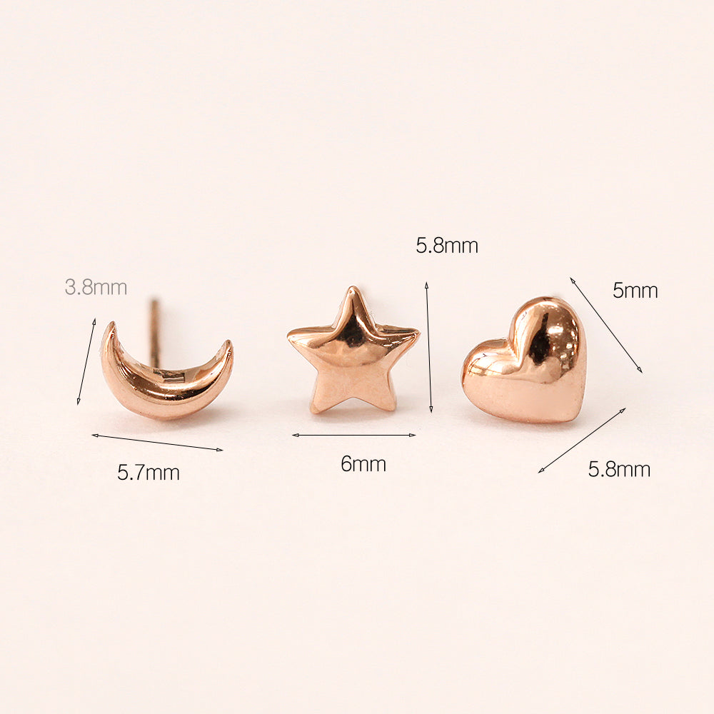 14K Gold Voluminous Crescent, Star, Heart Stud Earring