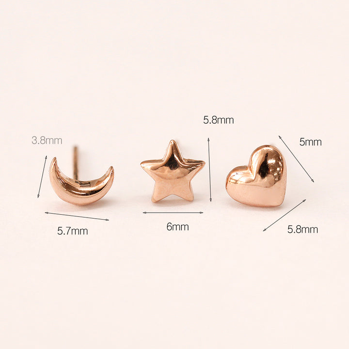 14K Gold Voluminous Crescent, Star, Heart Stud Earring