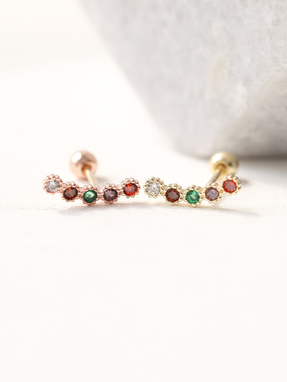 14K Rainbow CZ Bar Cartilage Earring 20g