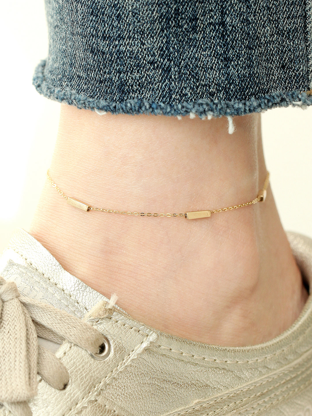 14K 18K Gold Volume Square Stick Anklet Bracelet