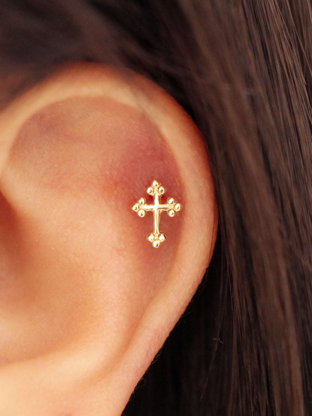 14K Gold Bubble Cross Cartilage Earring 20G