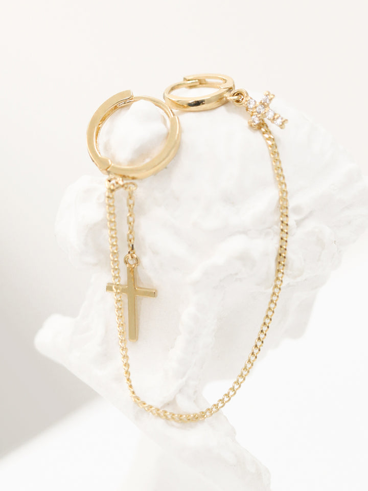 14K Gold Cross Hoop Earring