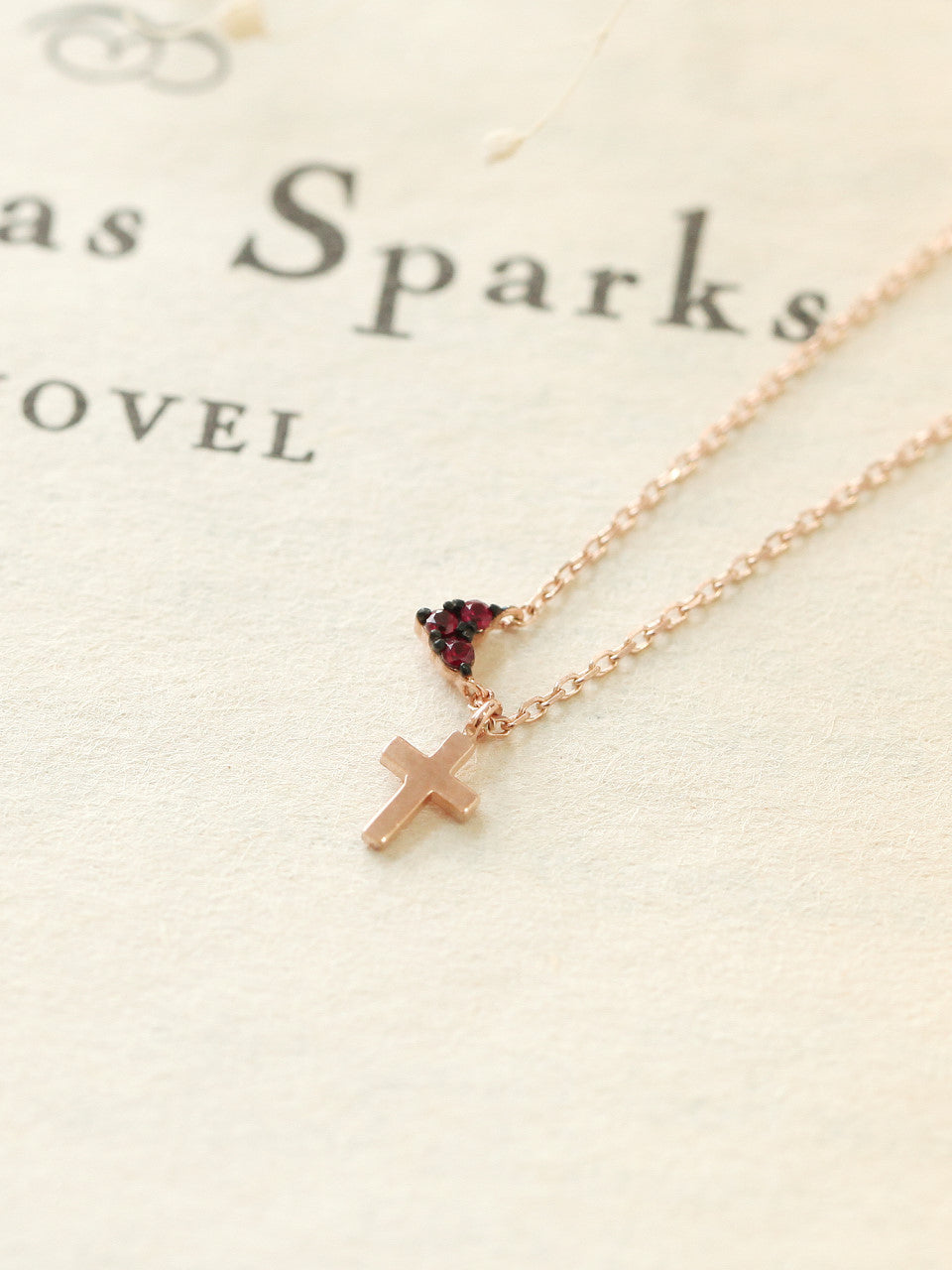 14K Gold Ruby Heart Cross Necklace