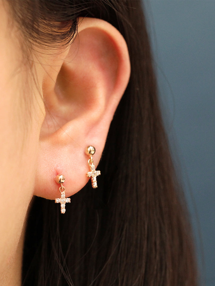 14K Gold Mini Cubic Drop Cross Cartilage Earring 20G18G