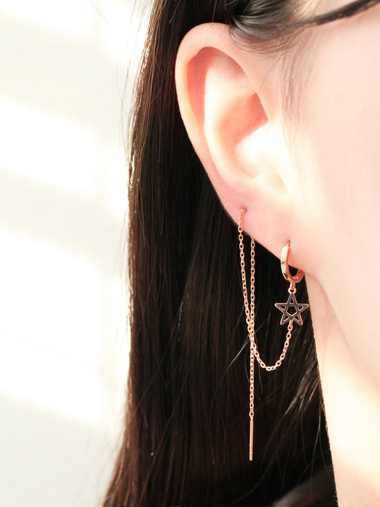 14K Gold Star Long Drop Hoop Earring