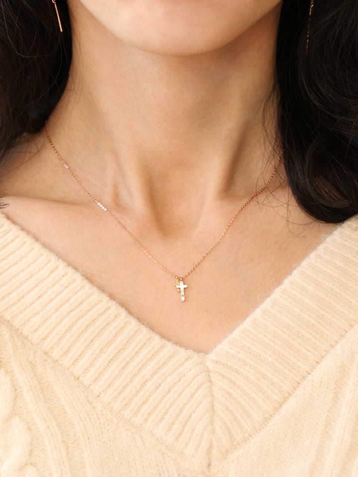 14K 18K Gold Double Cross Necklace