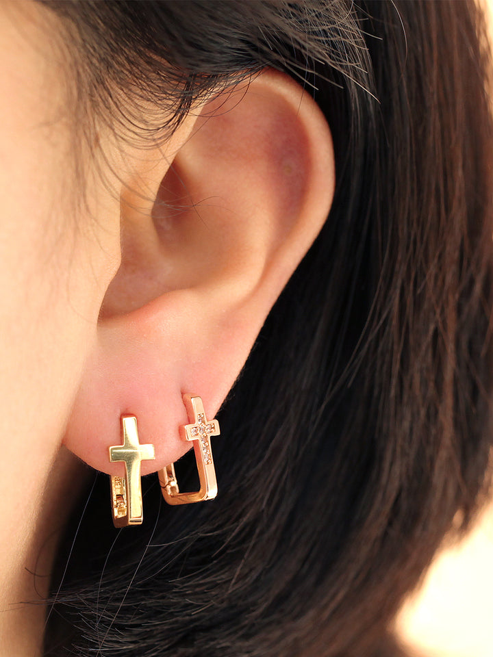 14K Gold Cross Cubic Hoop Earring