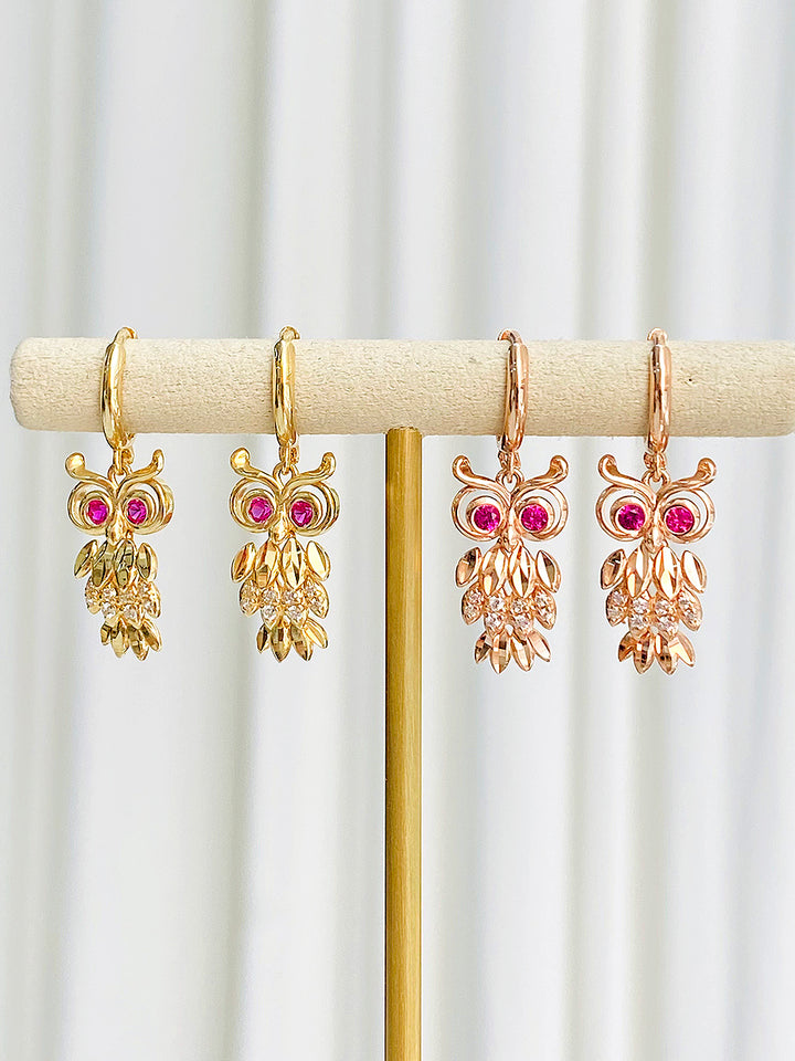 14K 18K Gold Owl Hoop Earring