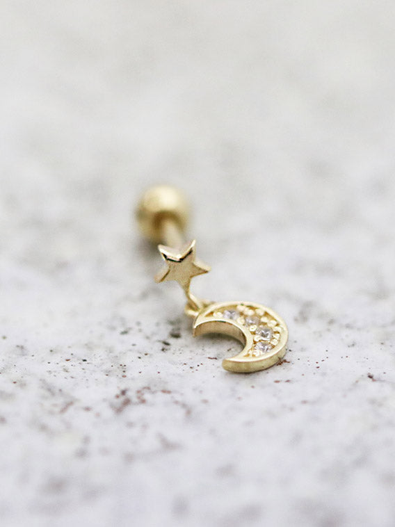 14K Gold Dangle Moon Cartilage Earring 18G16G