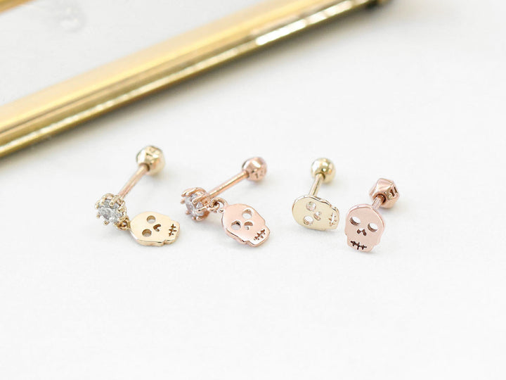 14K Gold CZ Skull Dangle Cartilage Earring 18G16G