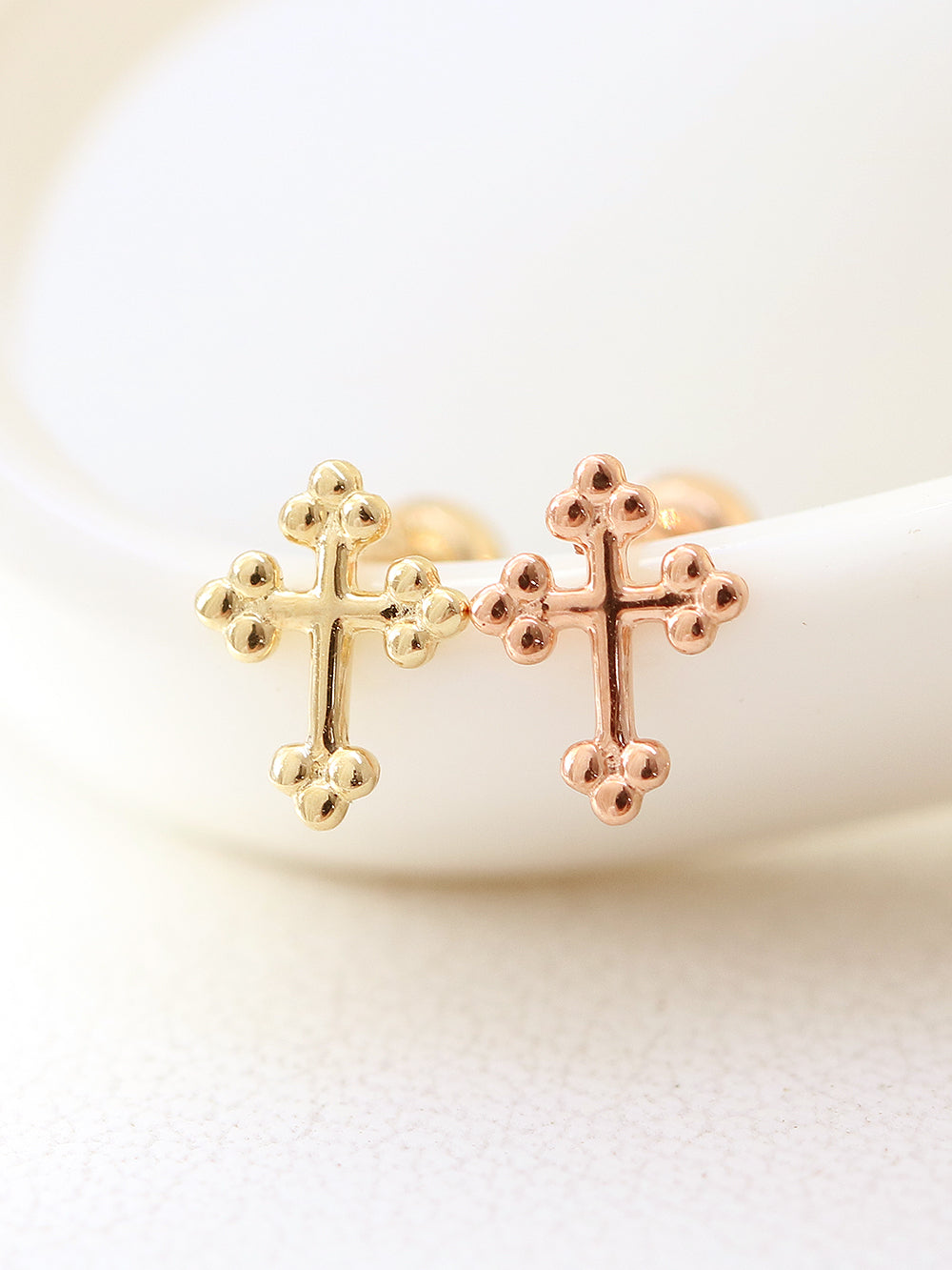 14K Gold Bubble Cross Cartilage Earring 20G