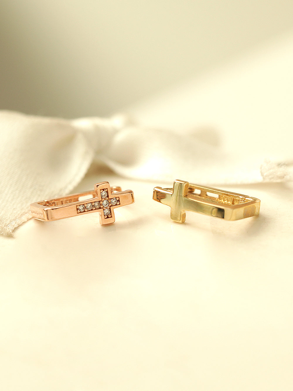 14K Gold Cross Cubic Hoop Earring