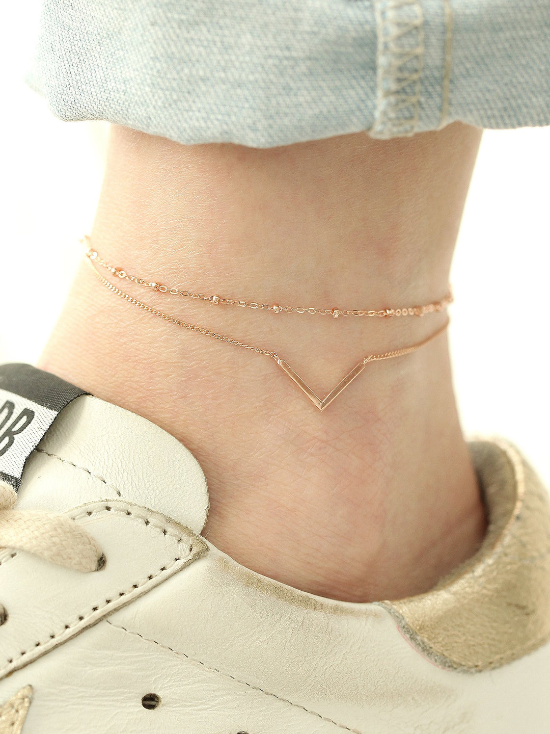 14K 18K Gold V Line Ball Anklet