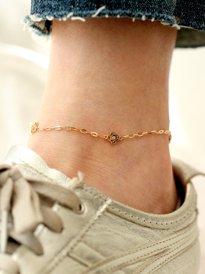 14K Gold Cubic Rose Chain Anklet