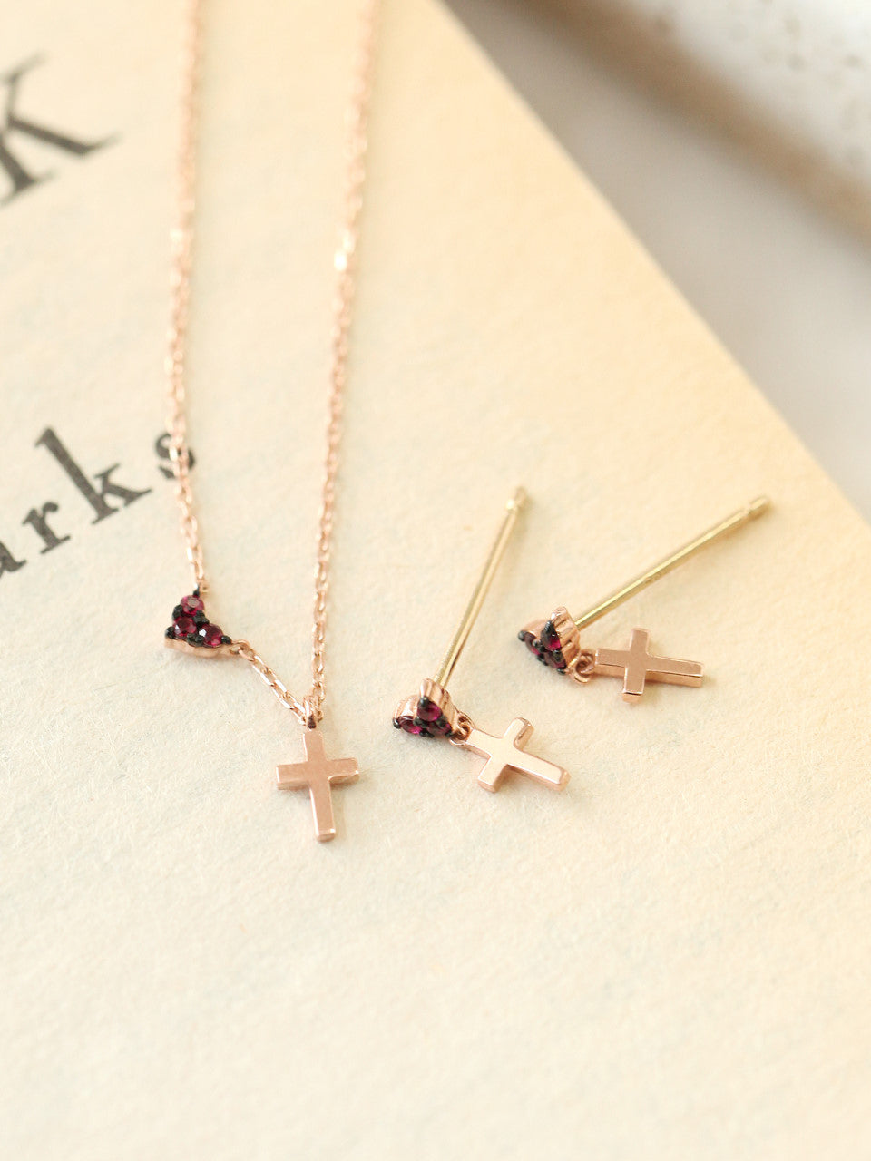 14K Gold Ruby Heart Cross Necklace