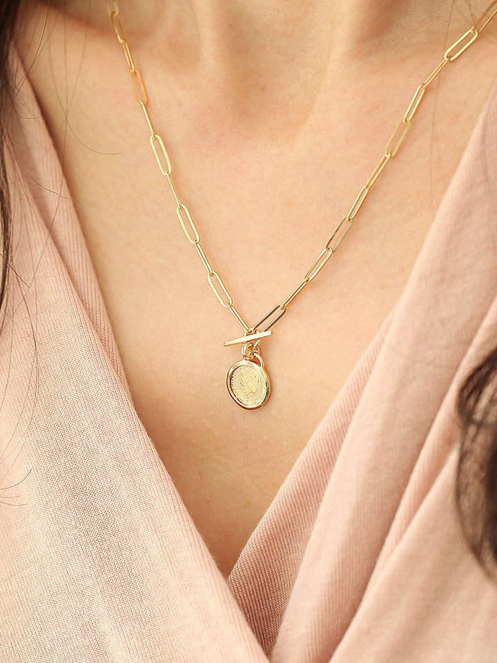 14K Gold Elizabeth Coin Square Chain Necklace