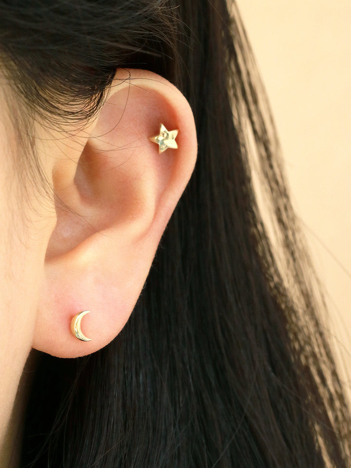 14K Gold Moon & Star Cartilage Earring 20g