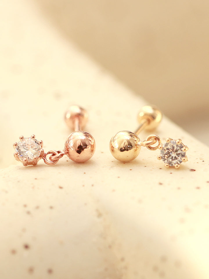 14K Gold Cubic Ball Drop Cartilage Earring 20G