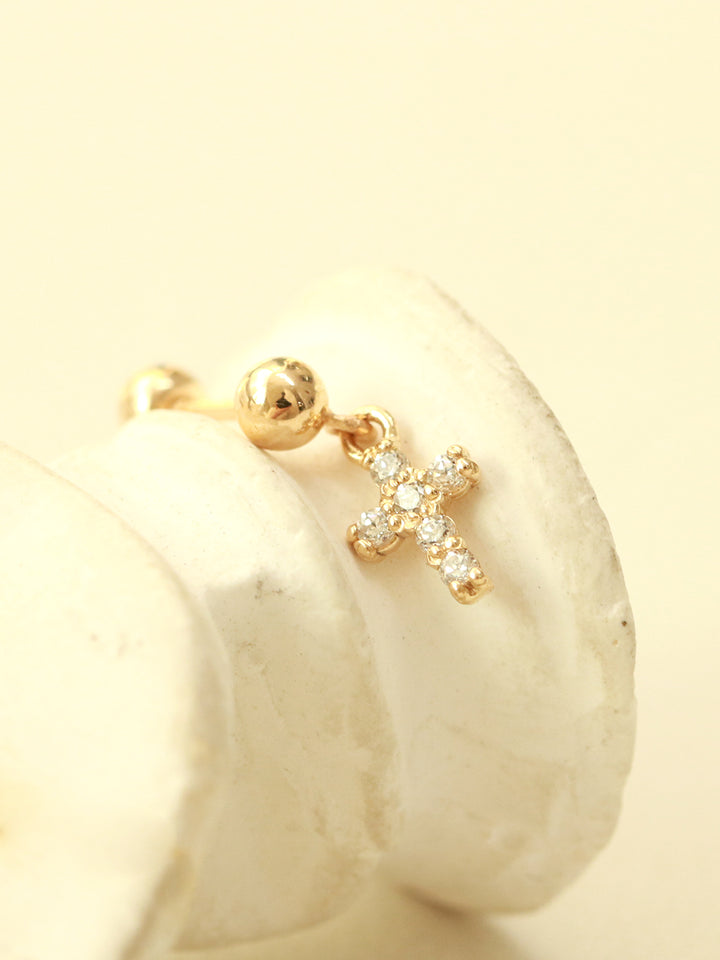 14K Gold Mini Cubic Drop Cross Cartilage Earring 20G18G