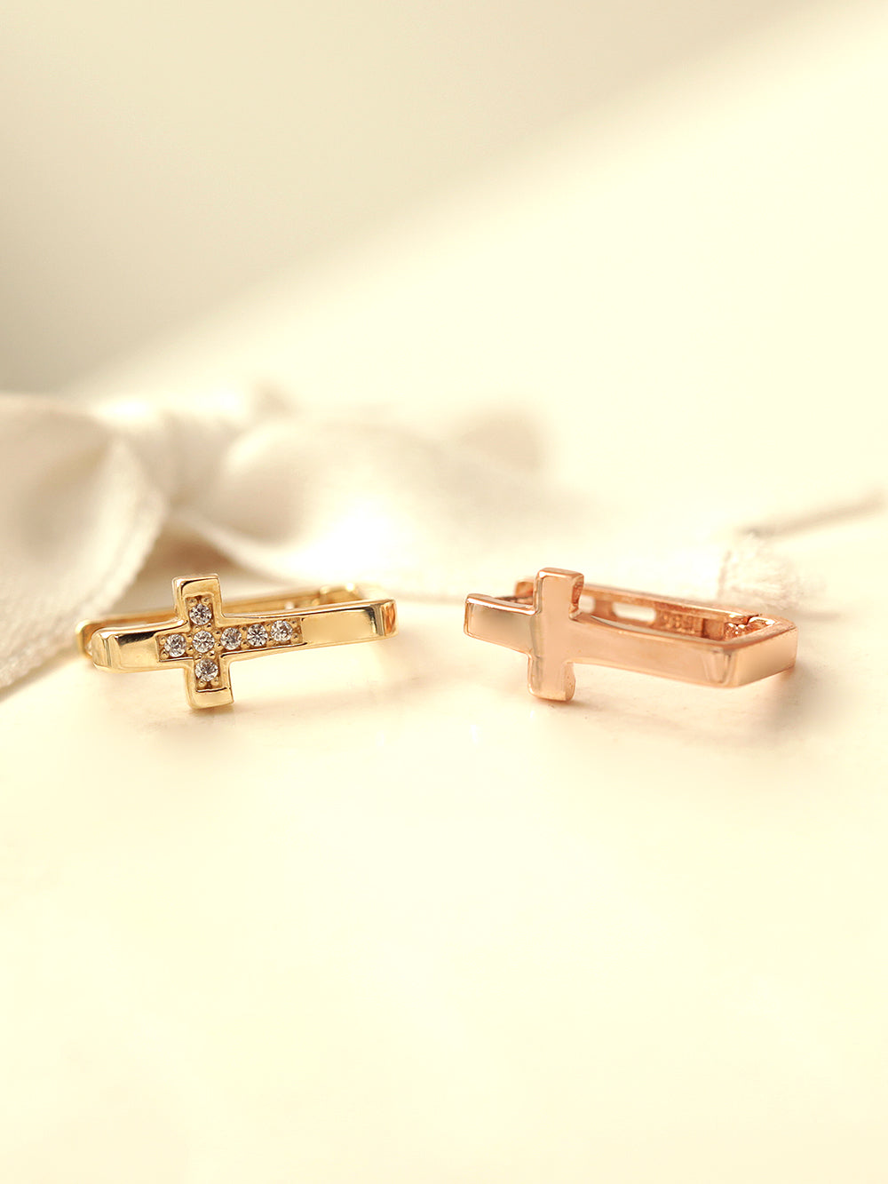 14K Gold Cross Cubic Hoop Earring