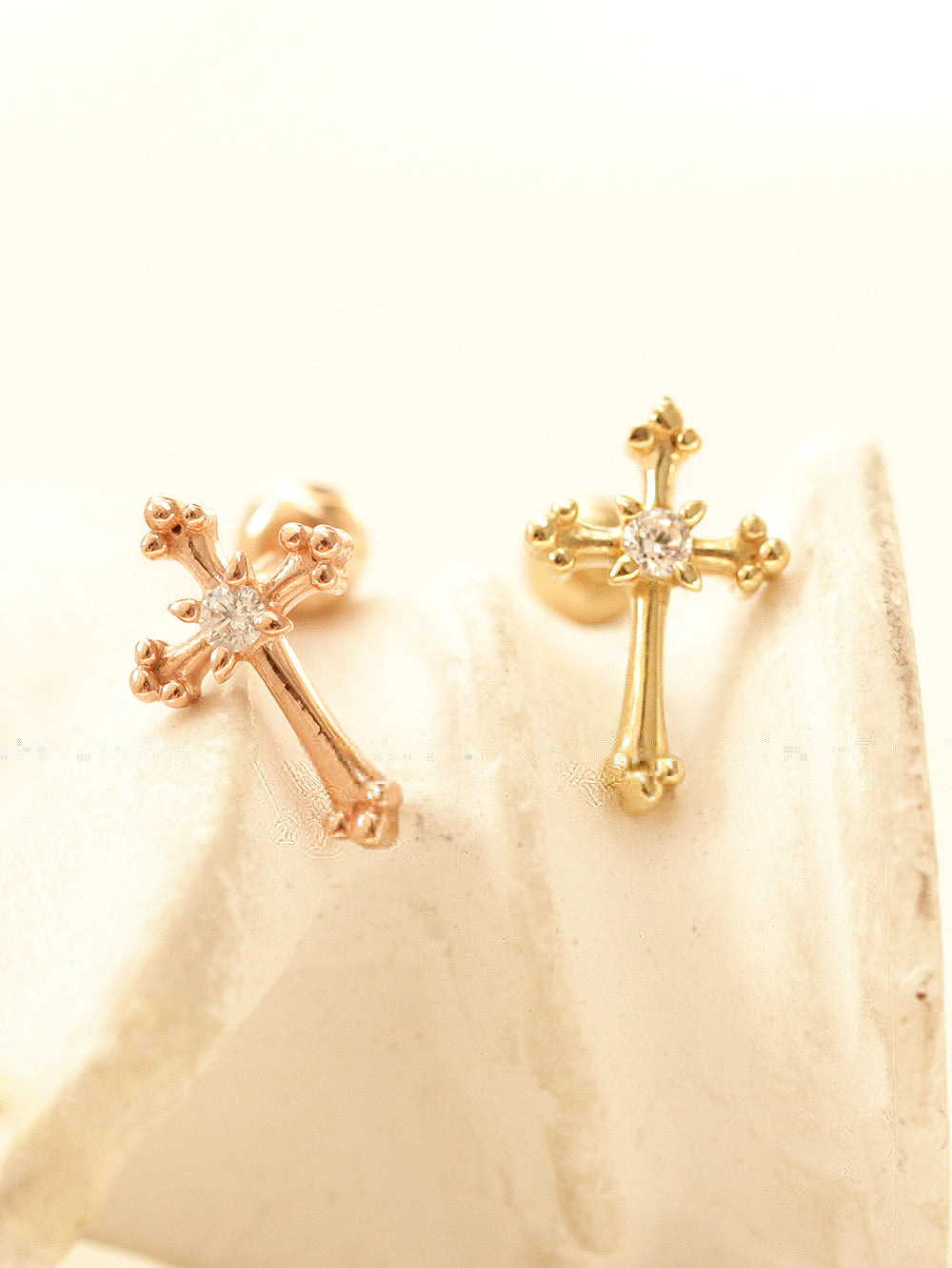 14K Gold Antique Cross Cartilage Earring 20G