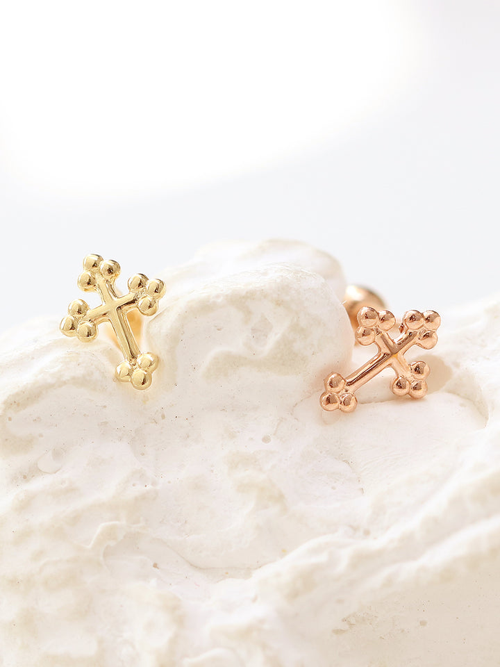 14K Gold Bubble Cross Cartilage Earring 20G