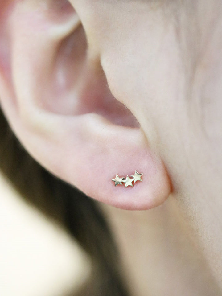 14K Gold Triple Star Cartilage Earring 18G16G