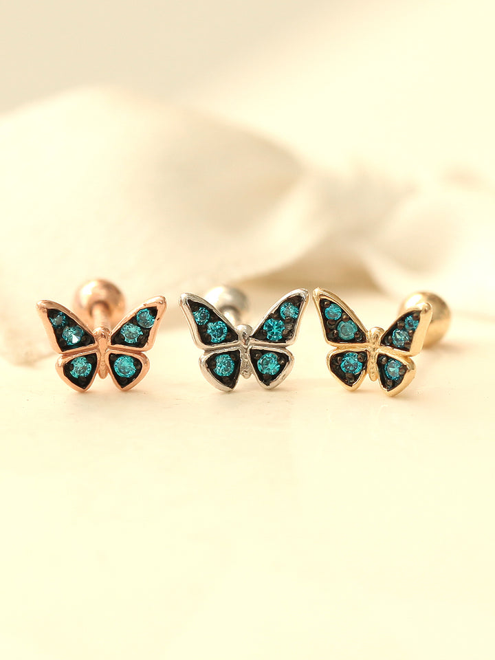 14K Gold Blue Cubic Butterfly Cartilage Earring 18G16G