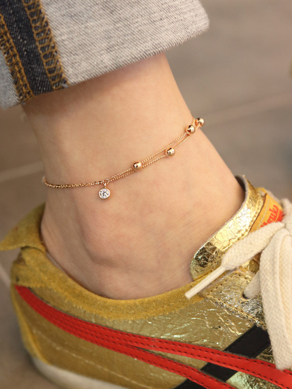 14K Gold Layered Ball Cubic Anklet