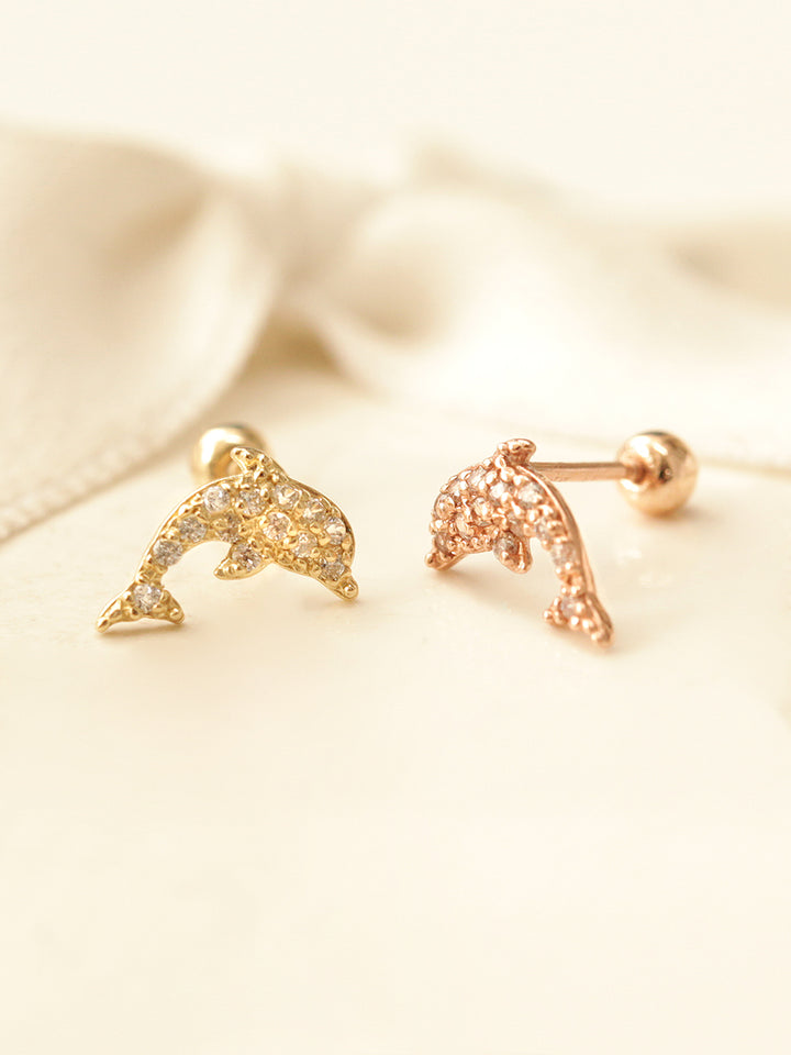 14K Gold Bling Dolphin Cartilage Earring 20G