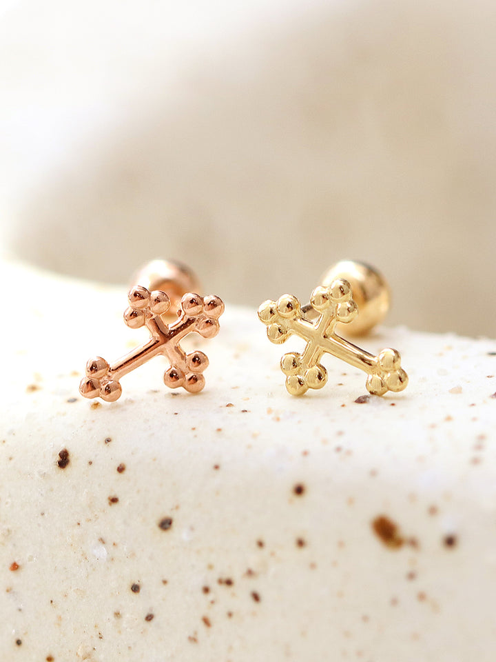 14K Gold Bubble Cross Cartilage Earring 20G