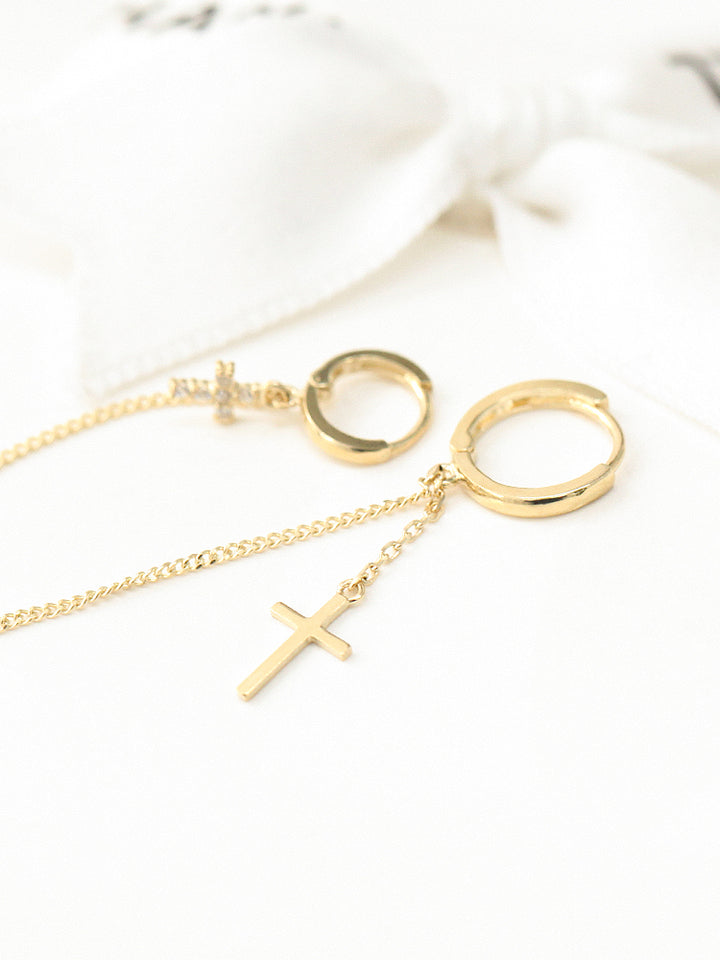 14K Gold Cross Hoop Earring