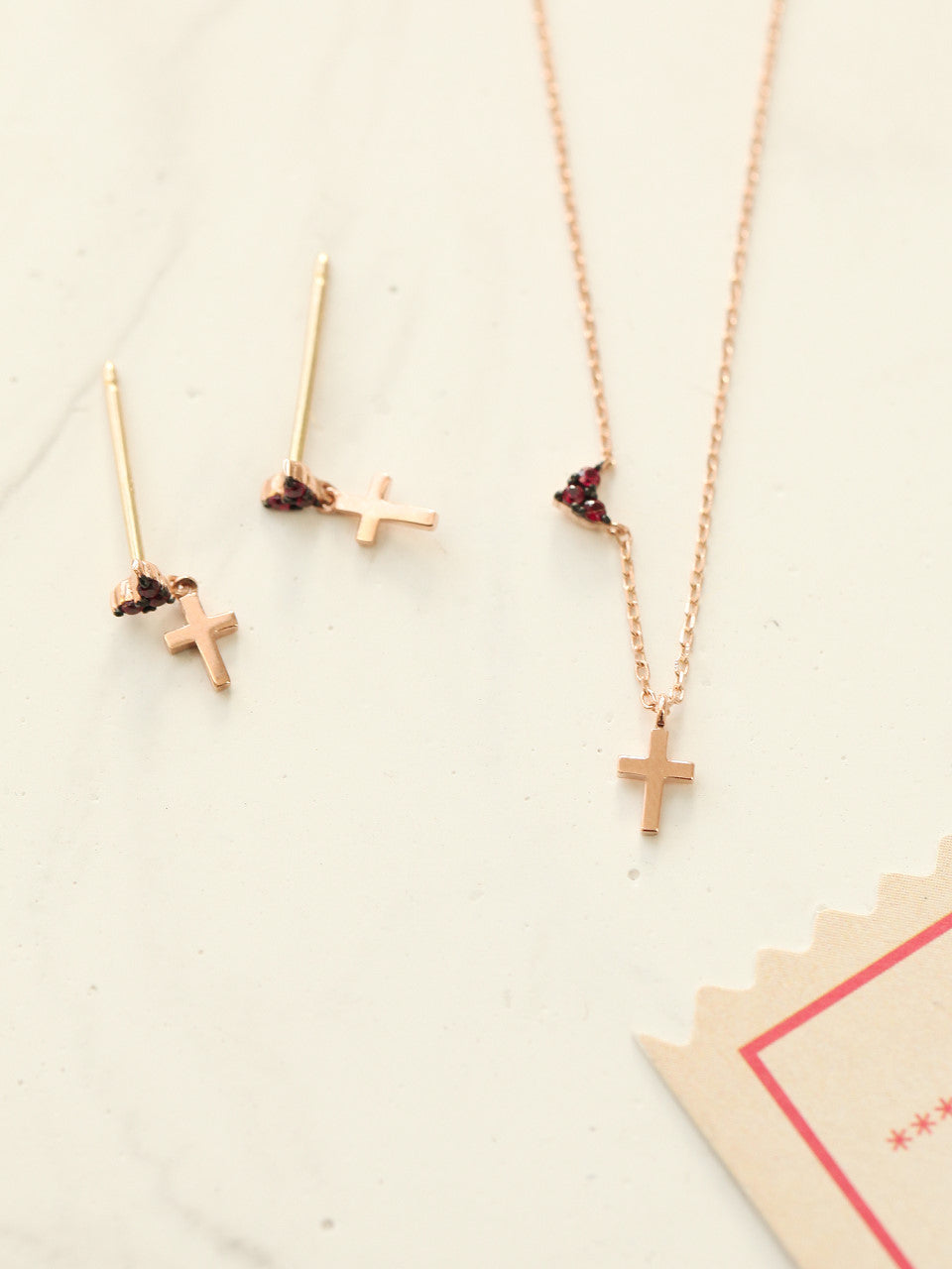 14K Gold Ruby Heart Cross Necklace