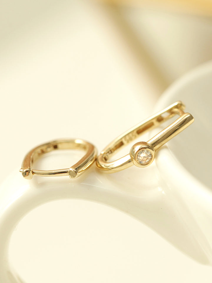 14K Gold Slim Plain & Cubic Hoop Earring