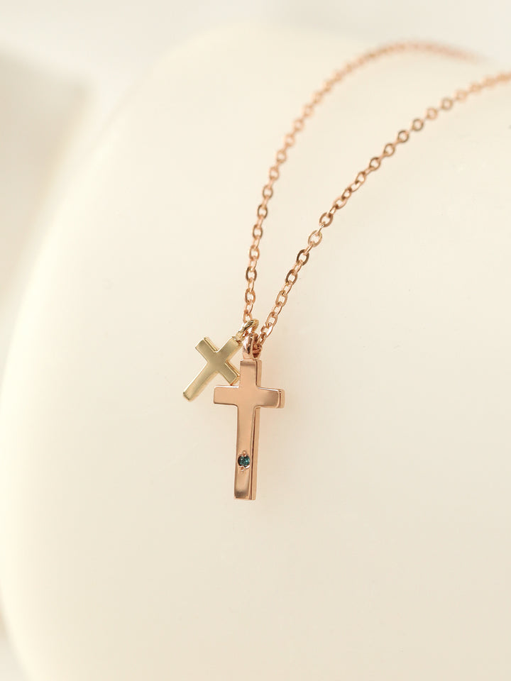 14K 18K Gold Double Cross Necklace