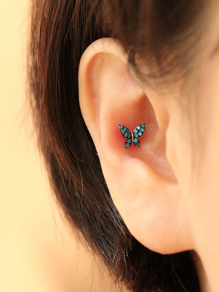 14K gold Bling Blue Butterfly cartilage earring 20g