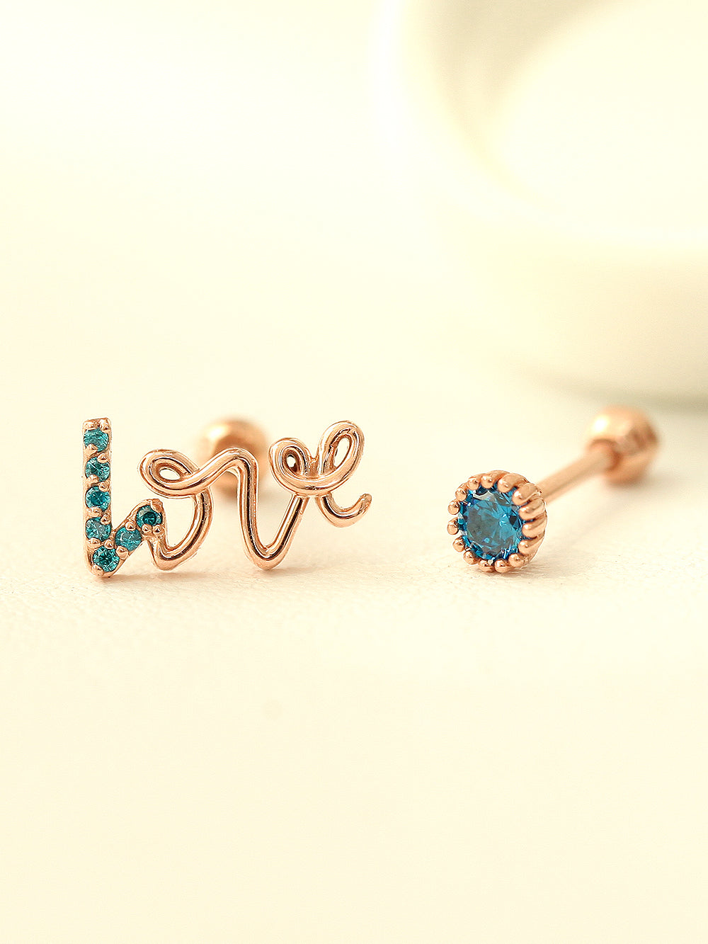 14K Gold Blue Love & Round CZ Cartilage Earring 18G16G