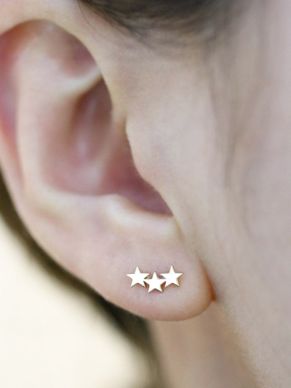 14K Gold Triple Star Cartilage Earring 18G16G