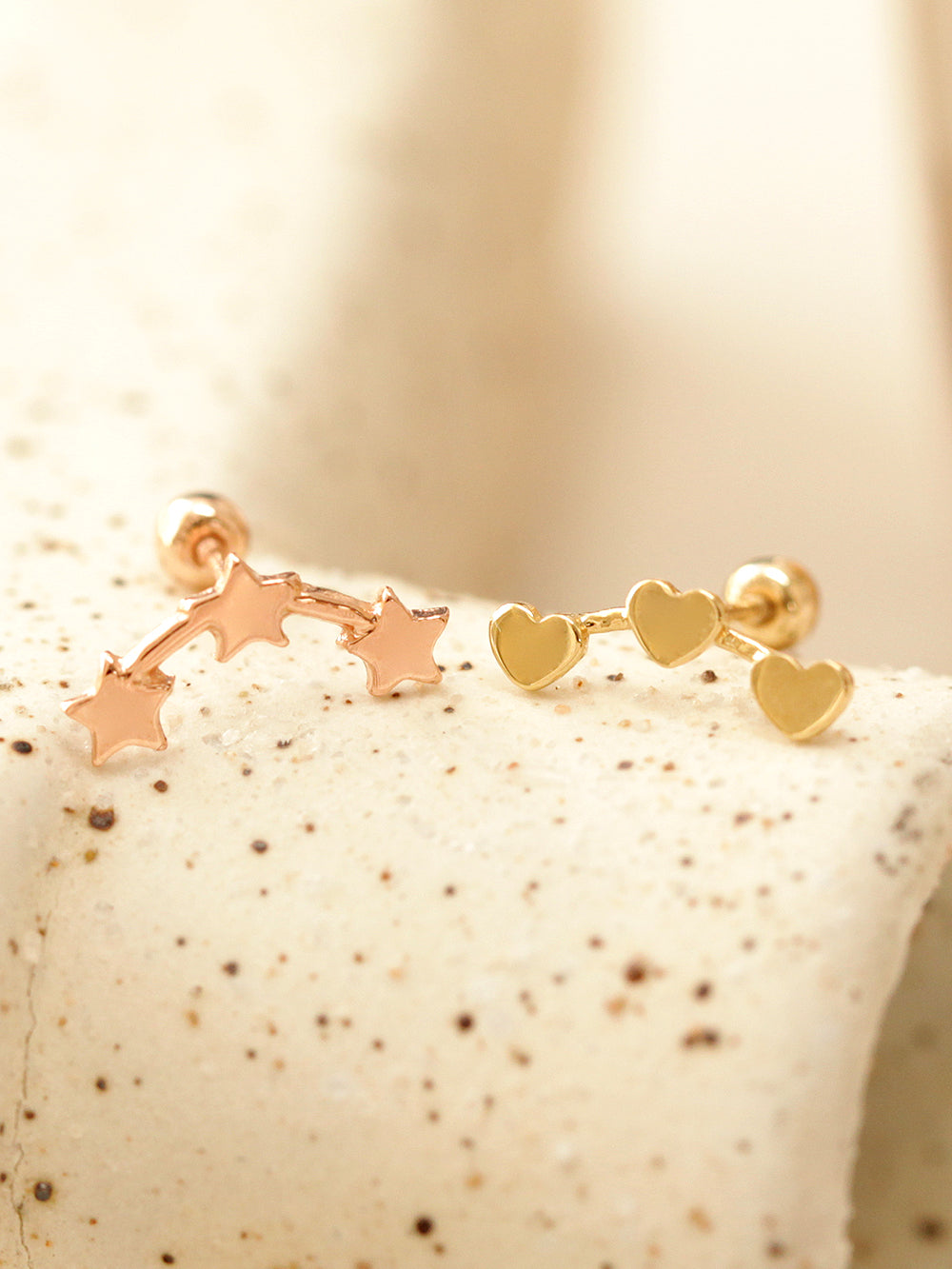 14K gold Triple Star & Heart cartilage earring 20g