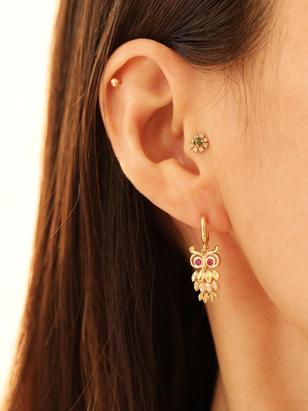 14K 18K Gold Owl Hoop Earring