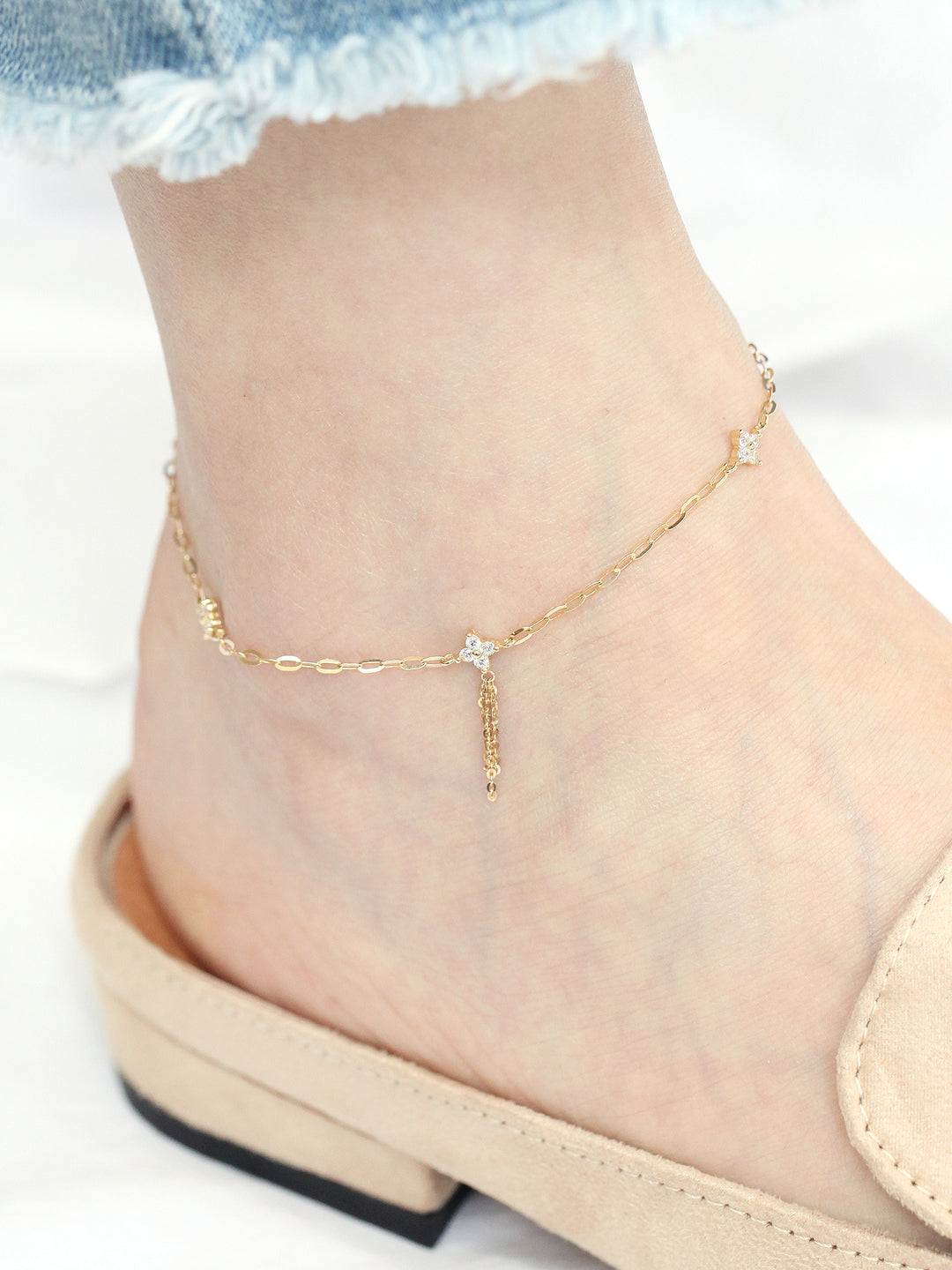 14K Gold Cubic Flower Chain Anklet