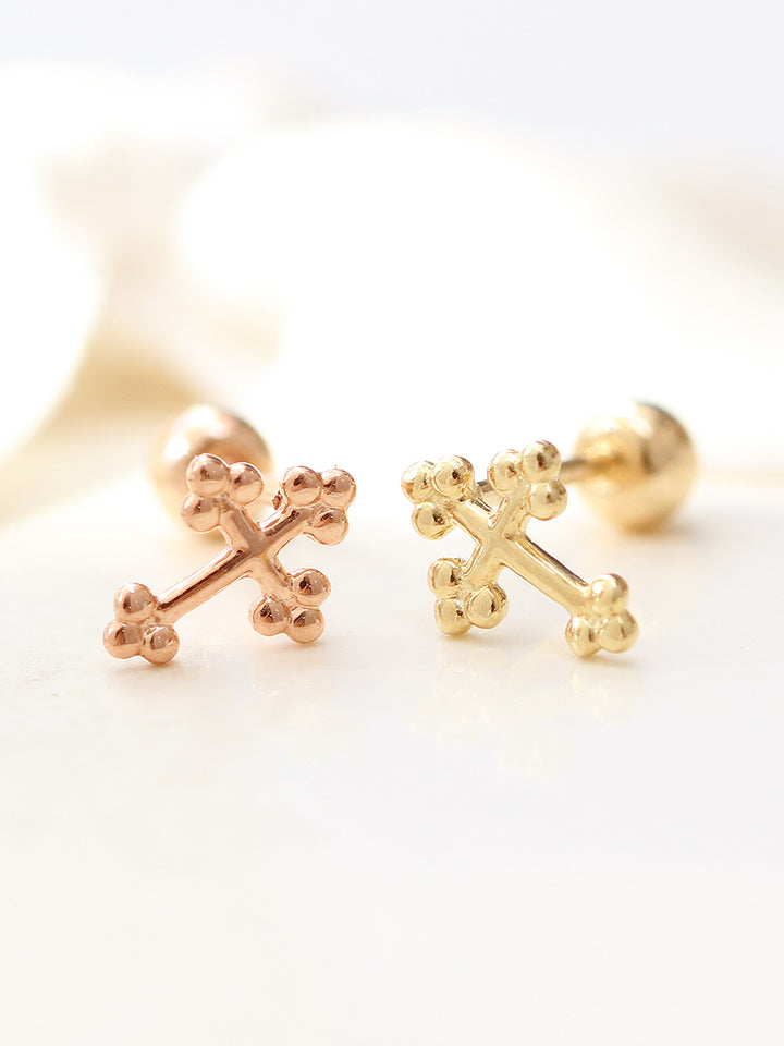 14K Gold Bubble Cross Cartilage Earring 20G