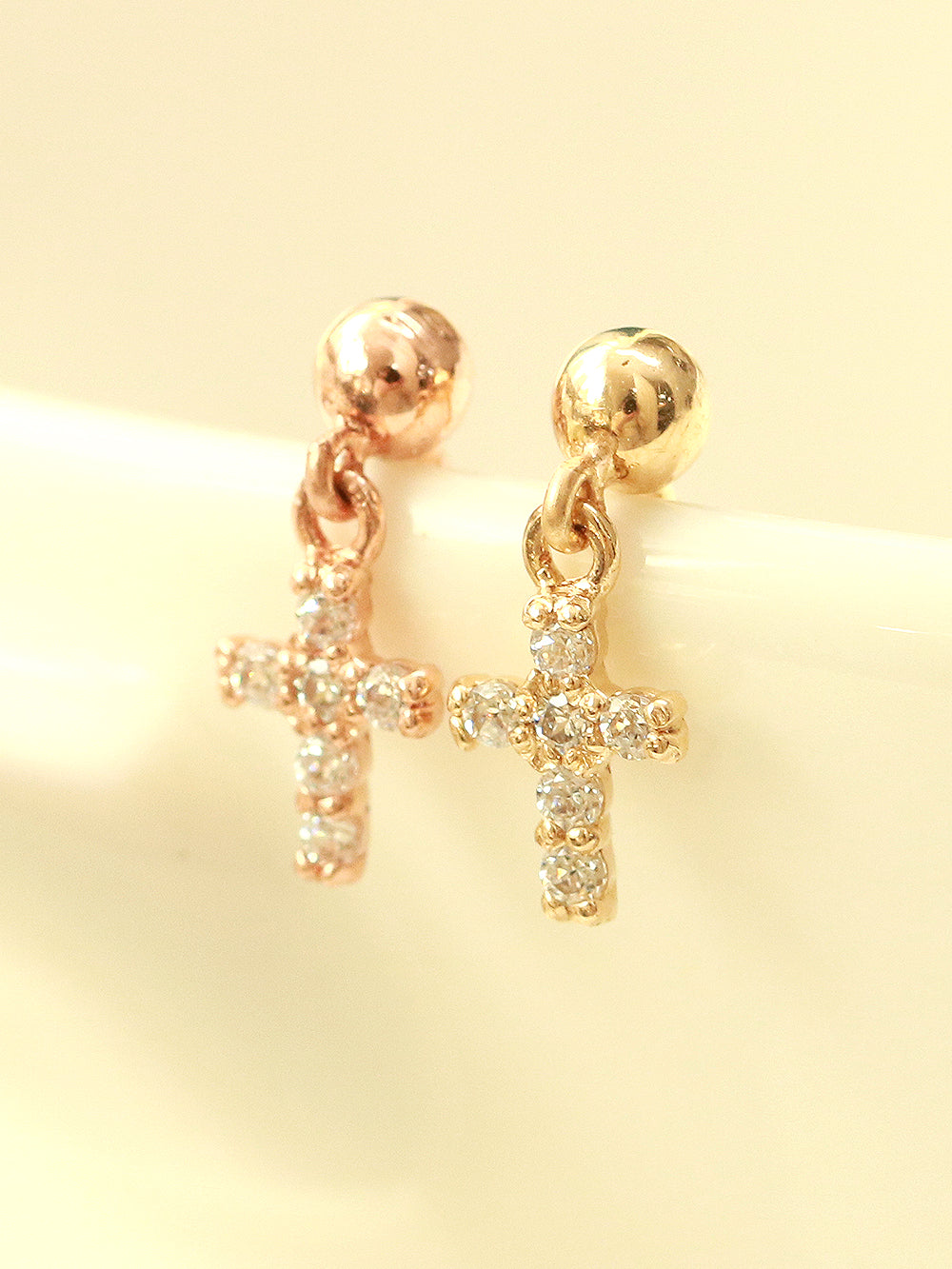 14K Gold Mini Cubic Drop Cross Cartilage Earring 20G18G